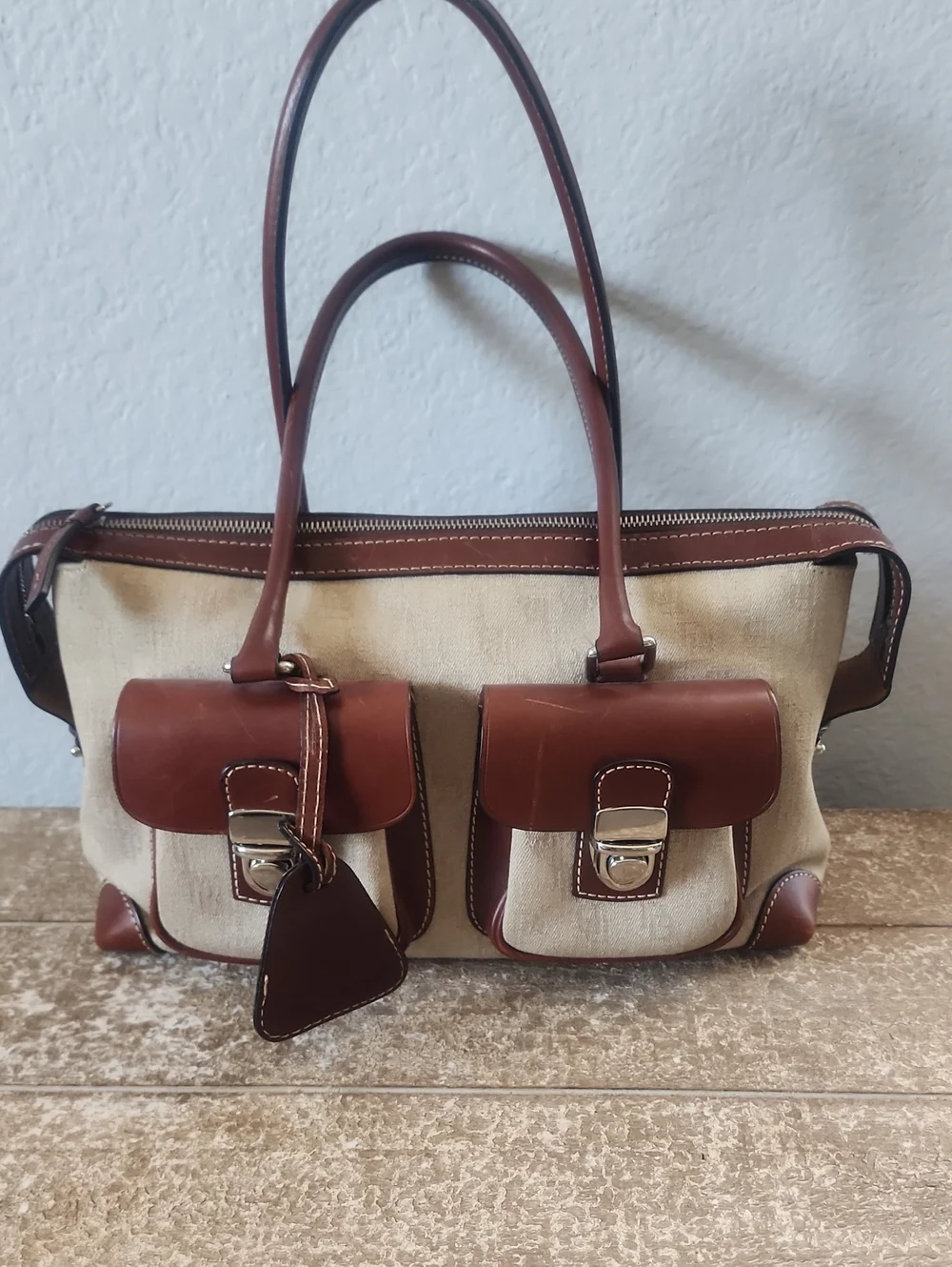 Dooney & Bourke Cream Canvas Satchel with Brown Leather Trim and Front Pockets - Picture 2 of 11